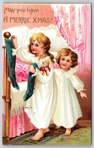 Victorian Christmas~2 Little Girls Hang Stockings~Pink Ruffle Brass Bed~Germany