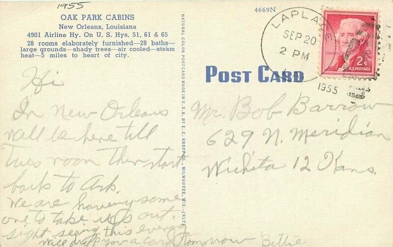 1955 Oak Park Cabins roadside New Orleans Louisiana Kropp Postcard 20-6096