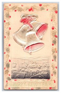 Happy New Year Bells Holly Airbrushed High Relief Embossed UNP DB Postcard U17