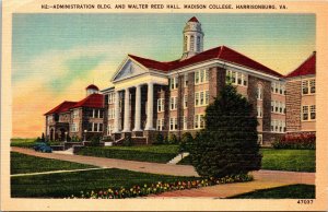 Admin Bldg Walter Reed Hall Madison College Harrisonburg VA Linen Postcard VTG  