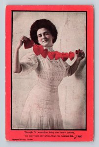Woman w Paper Heart Garland J Thomas Valentine Red Border DB Postcard O5