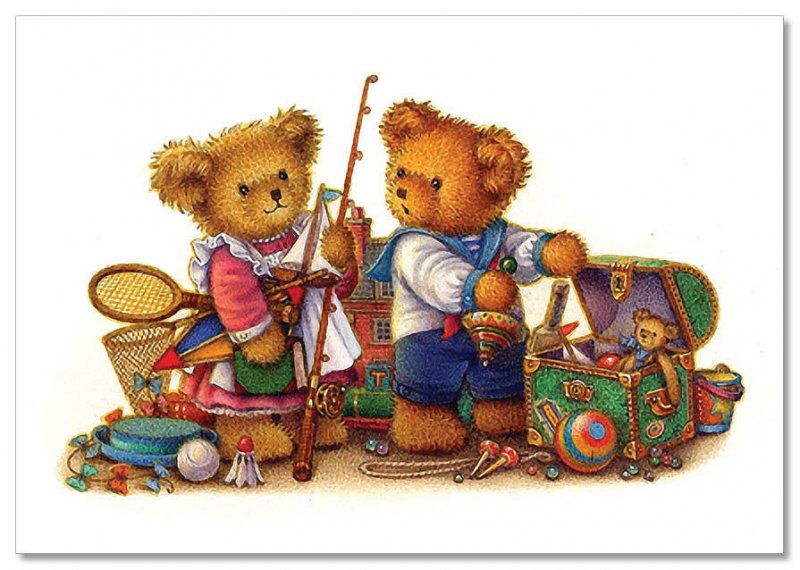 TEDDY BEAR with TOYS tennis racquet fishing rod NEW Russian Postcard