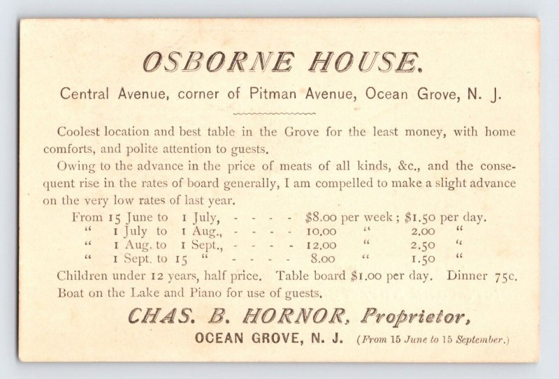 Osborne House Inn Hotel, Ocean Grove New Jersey Victorian Trade Card w/ Elk  T1d