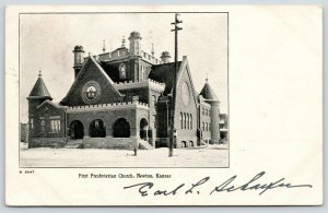 Newton Kansas~First Presbyterian Church in Snow~Castellated Towers~1907 Haffner 