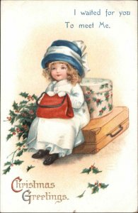 Christmas Little Girl Waits w/ Luggage  Ellen Clapsaddle  c1910 Postcard