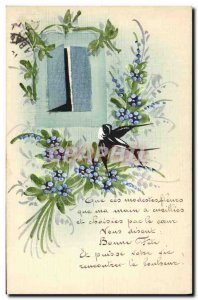 Old Postcard Fancy (drawing hand) Swallow Flowers