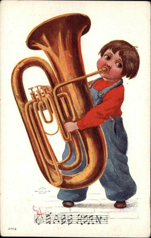 Bernhardt Wall - Little Boy Playing Music TUBA c1910 Postcard