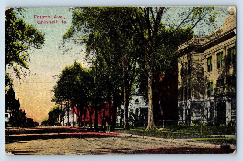 Grinnell Iowa IA Postcard Fourth Avenue Tree Lined Street Scene 1928 Vintage