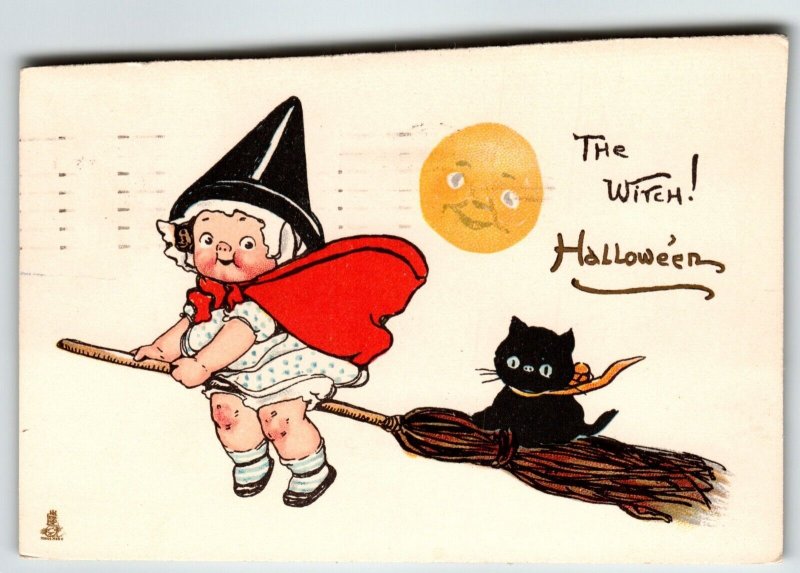 Halloween Postcard The Witch Girl Black Cat Moon Man Tuck G.G. Wiederseim 807