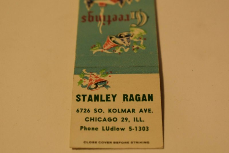 Stanley Ragan Greetings Bells Chicago Illinois 20 Strike Matchbook Cover