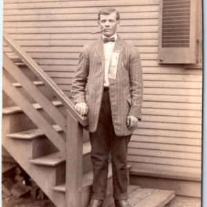 c1910s Man Smokes Cigar RPPC Handsome Gentleman Blunt Photo w/ Ribbon Award A135