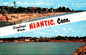 Connecticut Greetings From Niantic Split View Showing Beach and Niantic Bay