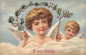two blonda angel with holly branch #128 german c1908 christmas postcard ac162