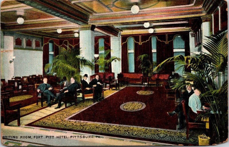 Inside Writing Room Fort Pitt Hotel Pittsburgh PA People Sitting Plants Postcard 