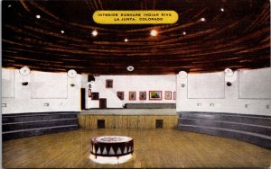 Linen Postcard Interior of the Koshare Indian Kiva in La Junta, Colorado