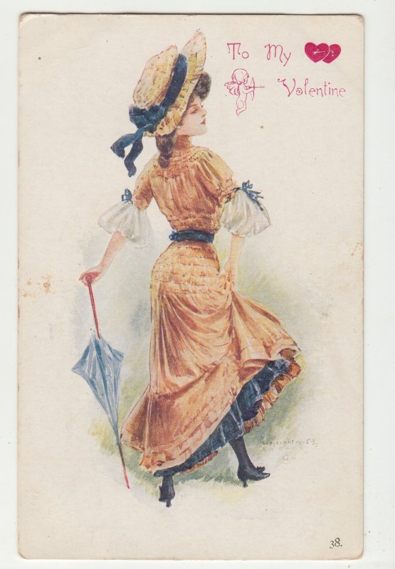 P3456 JL old postcard pretty woman pink dress hat to my valentine