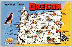 State Map~Greetings From Oregon~Eugene~Rome~Condon~Pendleton~Vintage Postcard