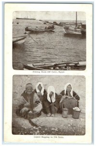 c1910 Lepers Begging Fishing Boats off Cairo Egypt Multiview Antique Postcard