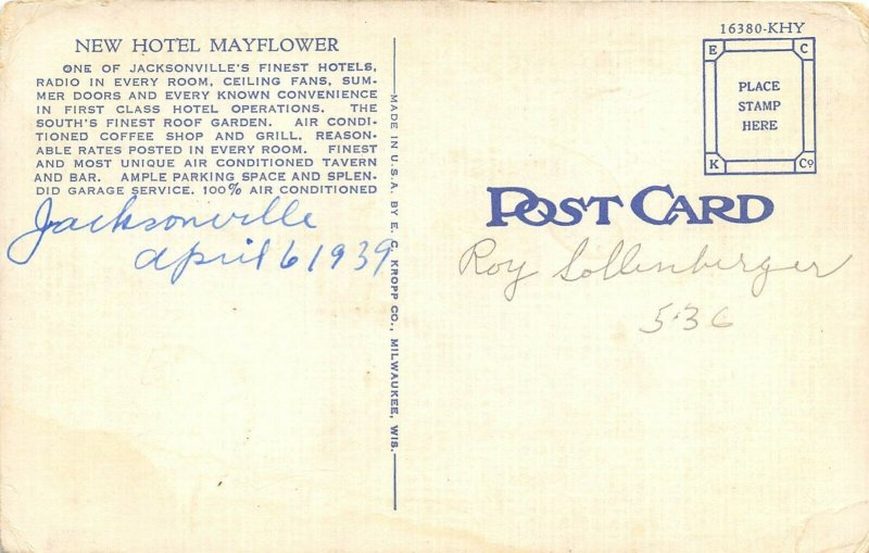 Jacksonville Florida 1939 Postcard New Hotel Mayflower