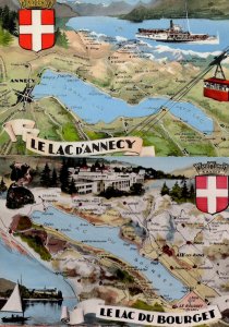 Le Lac Du Bourget D'Annecy 2x Ship Map French Postcard s