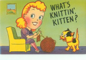 What's Knittin', Kitten?  Postcard, Girl Knitting With Big Ball of Yarn Postcard