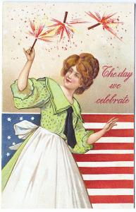 PFB 4th of July Woman with Sparklers Flag Day The Day We Celebrate Postcard