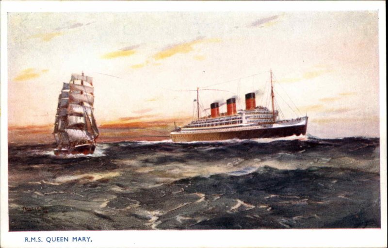 Steamship RMS Queen Mary c1920s-30s Artist Signed Postcard