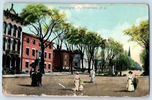 Watertown New York NY Postcard Washington St Building Trees Crowd 1910 Vintage