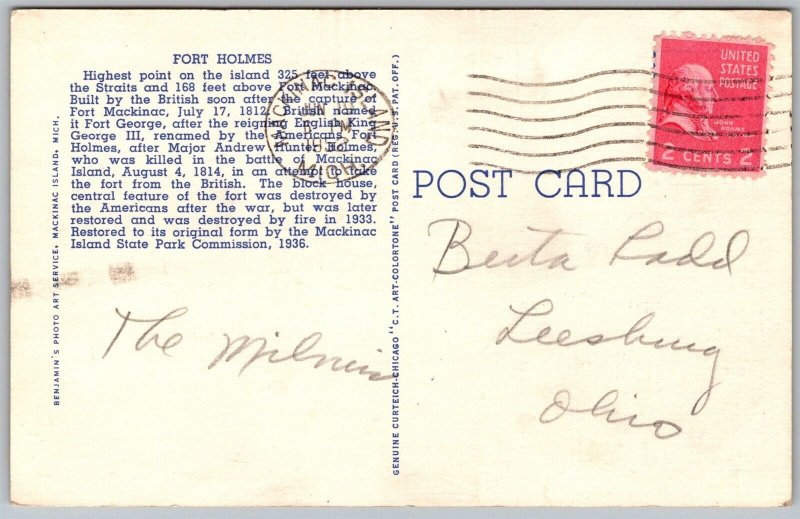 Vtg Mackinac Island Michigan MI Fort Holmes 1930s View Linen Postcard
