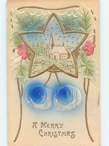 Pre-Linen christmas art nouveau HEAVILY EMBOSSED - STAR AND BLUE FLOWERS HL0276