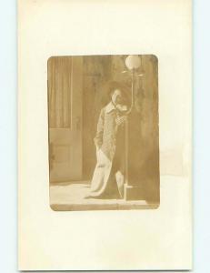 Pre-1918 rppc GIRL STAND BY VERY TALL ANTIQUE LAMP Bowling Green Ohio OH t2409