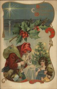 Christmas - Santa Claus Red Hood Talking to Girls F308 c1910 Postcard