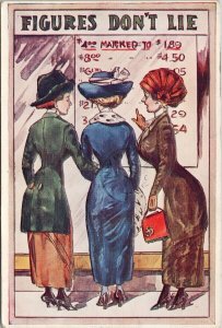 Figures Don't Lie Three Women Fashion Stylish Ladies Embossed Postcard G58