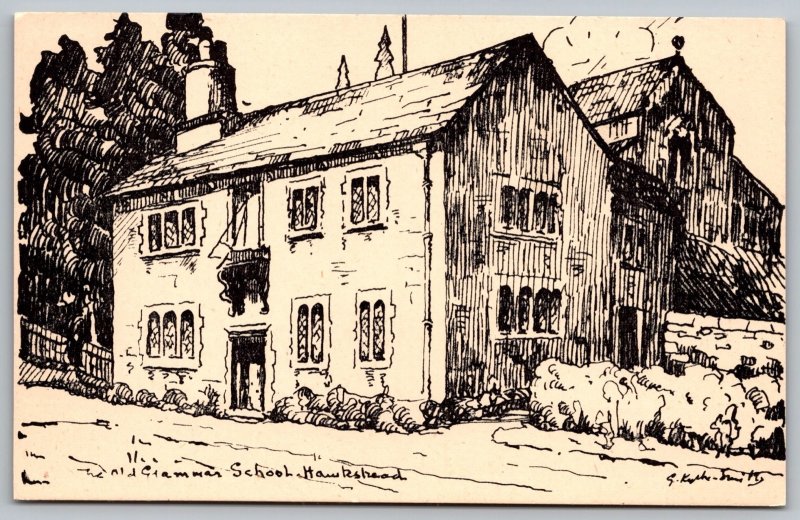 Hawkshead England Old Grammar School Front View Historic Drawing Chrome Postcard