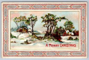 A Merry Christmas, Snowy Rural Scene, Antique 1911 Embossed Greeting Postcard