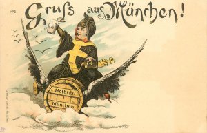 Postcard 2. Munich Maid Rides a Beer Keg With Wings Holds Beer Stein & Bible