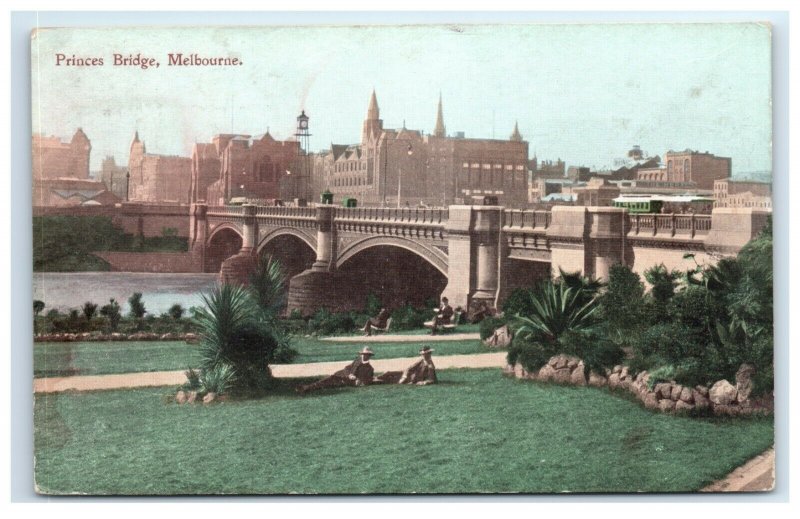 Postcard Princes Bridge, Melbourne, Australia Men Lounging on Grass  A42