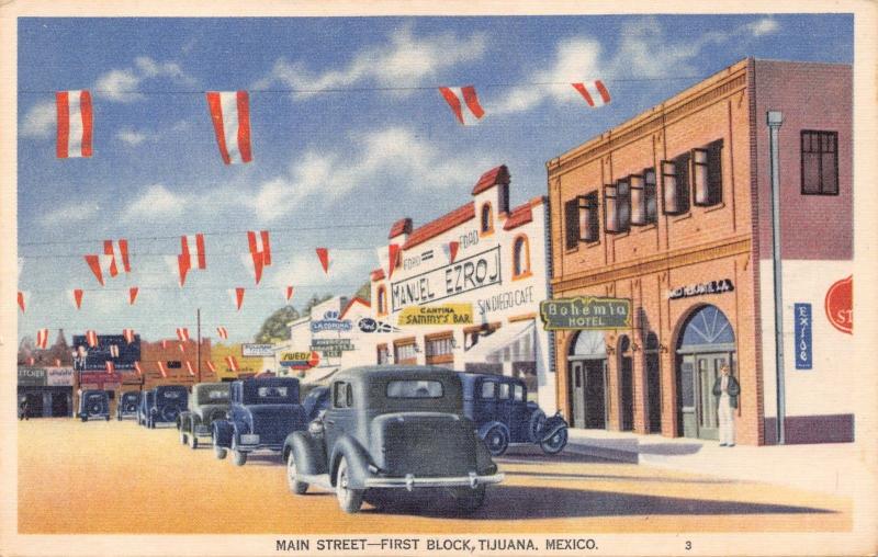 MAIN STREET-FIRST BLOCK-TIJUANA MEXICO POSTCARD 1940s