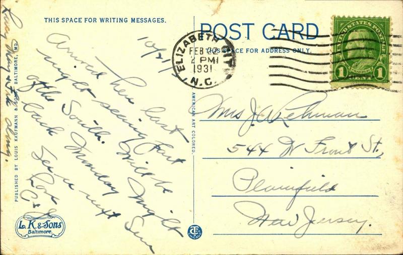 ELIZABETH CITY NC, Virginia Dare Hotel, 1931 Vintage Postcard  NC796618