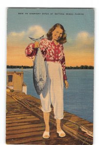 Daytona Beach Florida FL Postcard 1962 Woman Holding Fish