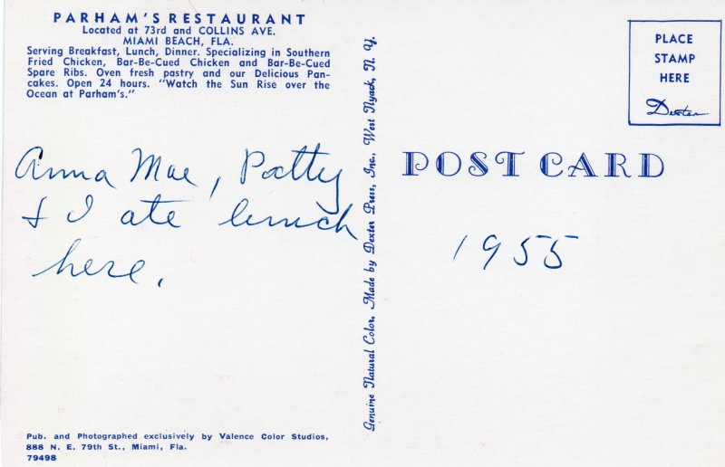 10682 Parham's Restaurant, Miami Beach Florida 1955