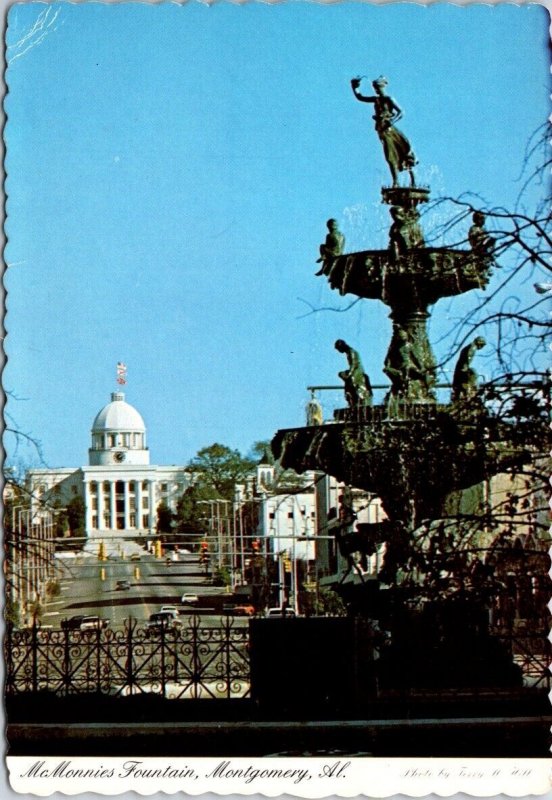 VINTAGE CONTINENTAL SIZE POSTCARD McMONNIES FOUNTAIN COURT SQUARE MONTGOMERY AL