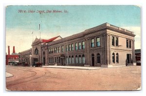 Postcard Union Depot Des Moines Ia. Iowa Train Station Horse & Buggy c1914