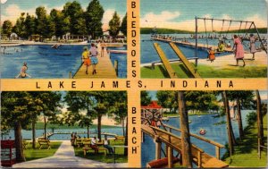 Linen Postcard Multiple Views of Bledsoes Beach in Lake James, Indiana