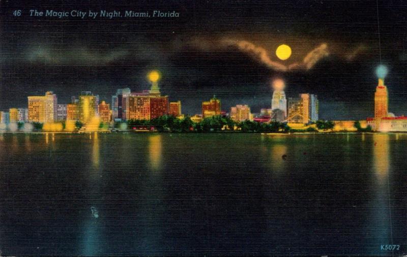 Florida Miami Skyline At Night 1953