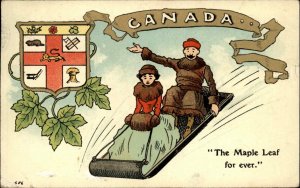 Canada Patriotic Canadian Man Woman Sledding Fur Coats c1910 Vintage Postcard