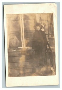 Vintage 1910's RPPC Postcard Photo of Woman on Porch Steps