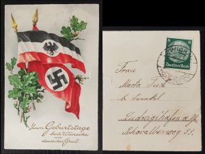 GERMANY THIRD 3rd REICH ORIGINAL COLOUR PROPAGANDA CARD BIRTHDAY GREETINGS FLAGS