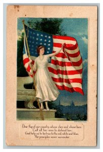 Vintage 1910's Patriotic WW1 Postcard Woman Holding American Flag Poem