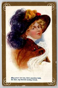 Pretty Woman Victorian Lady Large Feather Hat Postcard T28